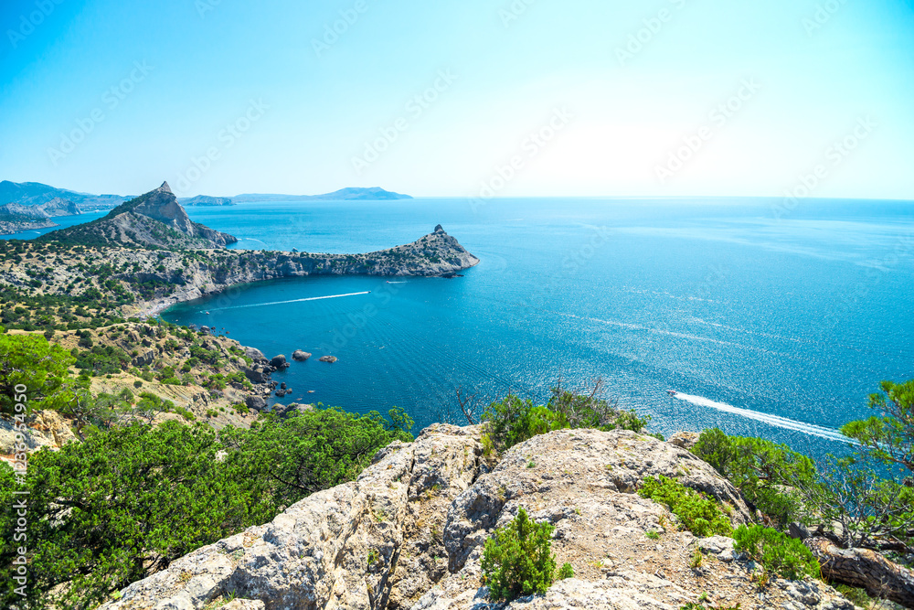 Obraz premium Picturesque seascape with beautiful view of Cape Kapchik and the Black Sea. Crimean Peninsula. Russia