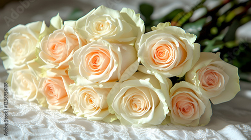 Cream roses bouquet on lace, sunlit, wedding, romantic, floral arrangement, gift