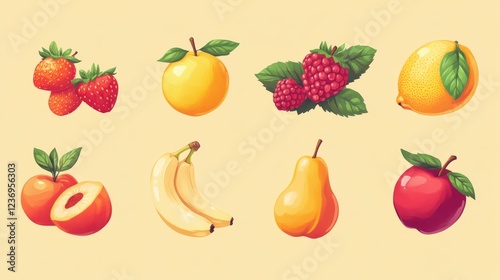 Set of fruit and berry icons including strawberry, peach, apple, raspberry, pear, banana, and orange.