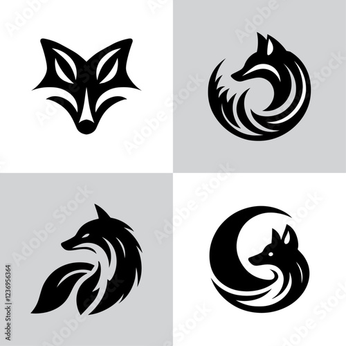 Minimalist fox logos set, black and white illustrations, geometric animal designs photo