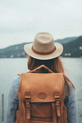 Woman traveler with a backpack enjoying the sea view