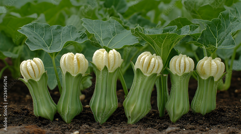 Obraz premium Creamy flowers blooming in a garden row. Use gardening website