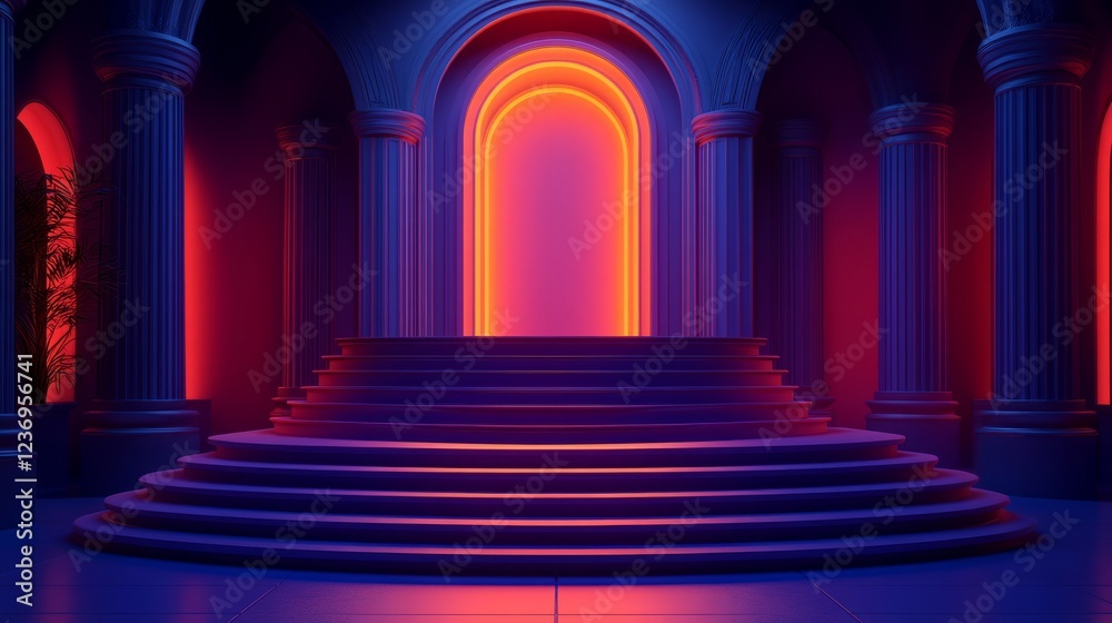A Majestic Artistic Expression of Illuminated Columns and Stairs in a Vibrant Space A Majestic Artistic Expression of Illuminated Columns and Stairs in a Vibrant Space