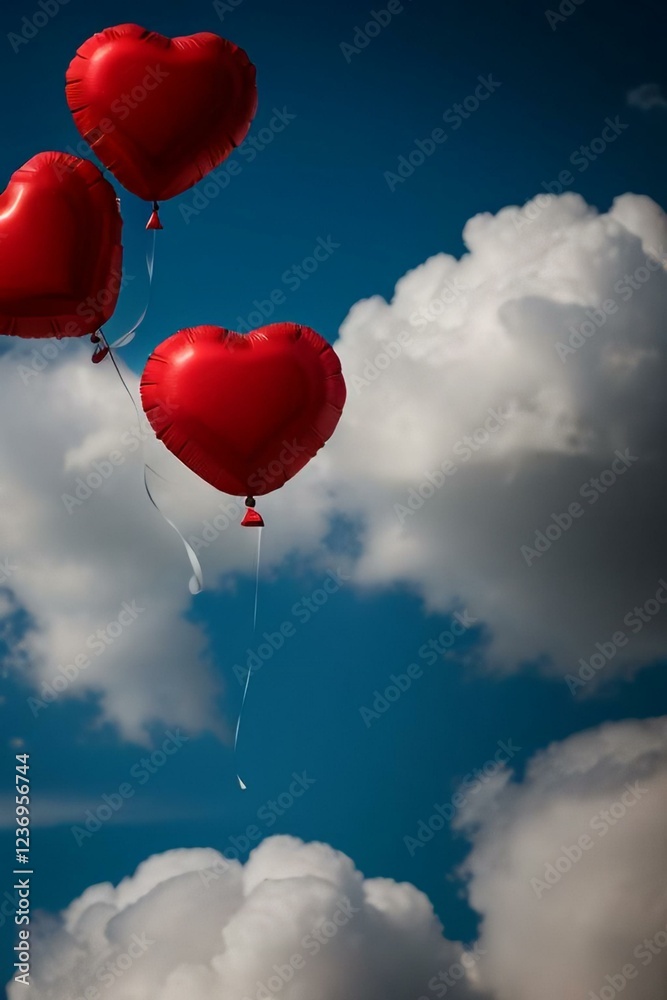 Fototapeta premium red heart shaped balloons Floating in the air with clouds in the background.
