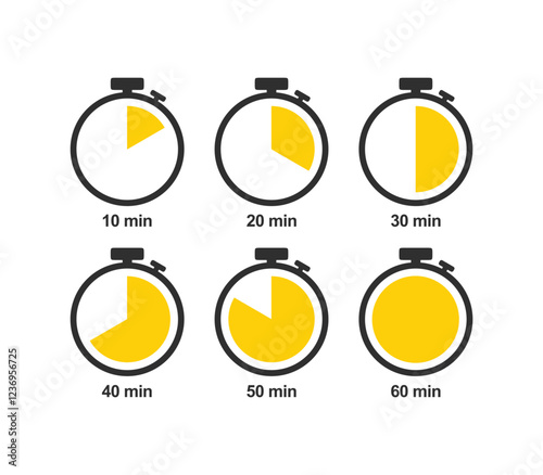 Timer, clock, stopwatch isolated vector icon. Timer icon set, timer from 10 to 60 minutes, vector illustration. 10, 20, 30, 40, 50, 60 min, timer clock. Stopwatch icon set.