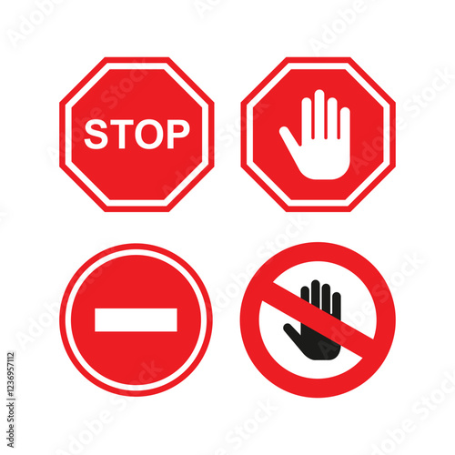 Caution warning signs set and Simple red stop roadsign with big hand symbol or icon vector illustration. Set of Stop street icon collection. Red stop sign.