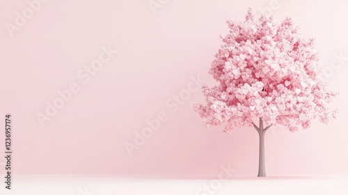 Blossom pink tree with heart shape flowers isolated on pink background with copy space