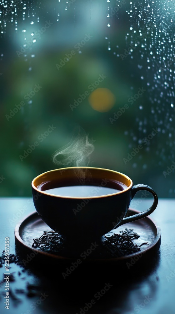 Fototapeta premium Heavy rain falls outside, illuminating the rich tea in a teacup resting on a dark, textured surface.