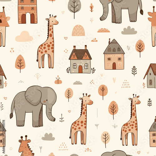 Colorful decorative illustration featuring elephants, giraffes, and houses in a whimsical style
