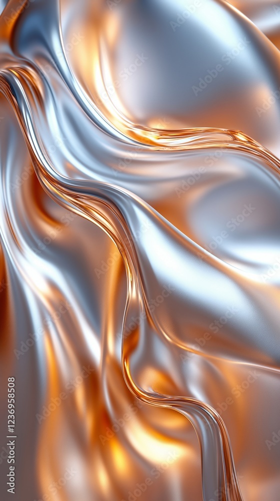 Obraz premium Abstract metallic silver waves with gold reflections. Fluid texture background with copy space. Innovative and luxury concept.