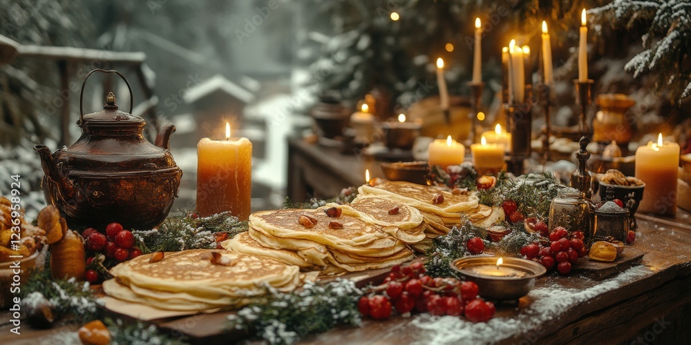 Fototapeta premium Winter Pancakes Festive Table Setting, Cozy Forest Background. Stock Photo.