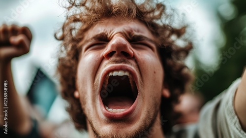Young caucasian male protesting with passionate expression outdoors
