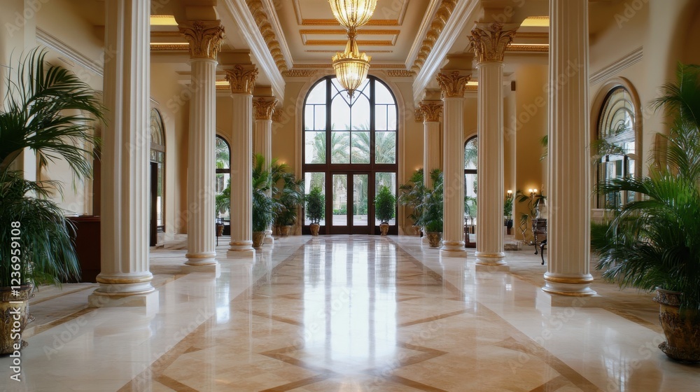 Fototapeta premium Grand entrance hall with elegant design and large chandeliers
