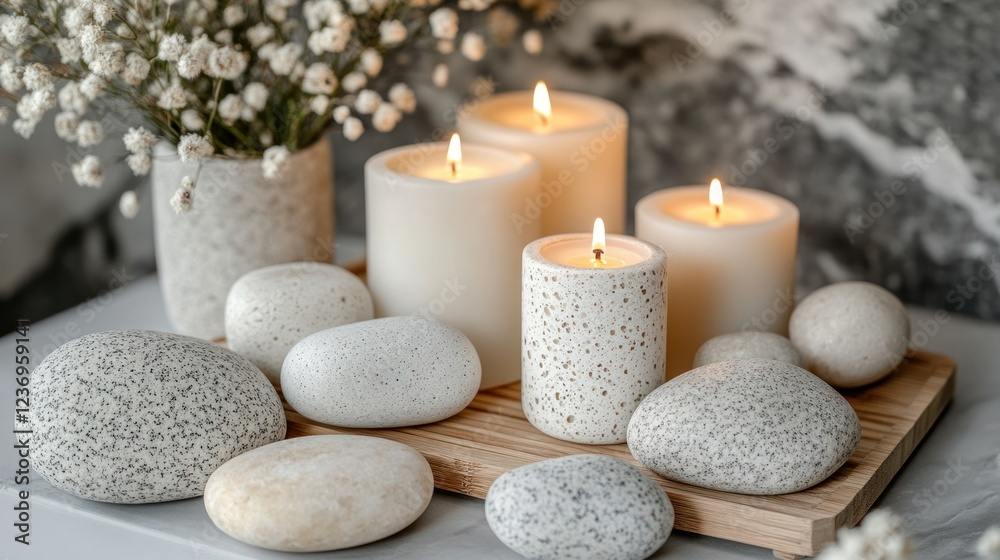 White candles, stones, and flowers on a wooden tray, spa-like setting White candles, stones, and flowers on a wooden tray, spa-like setting