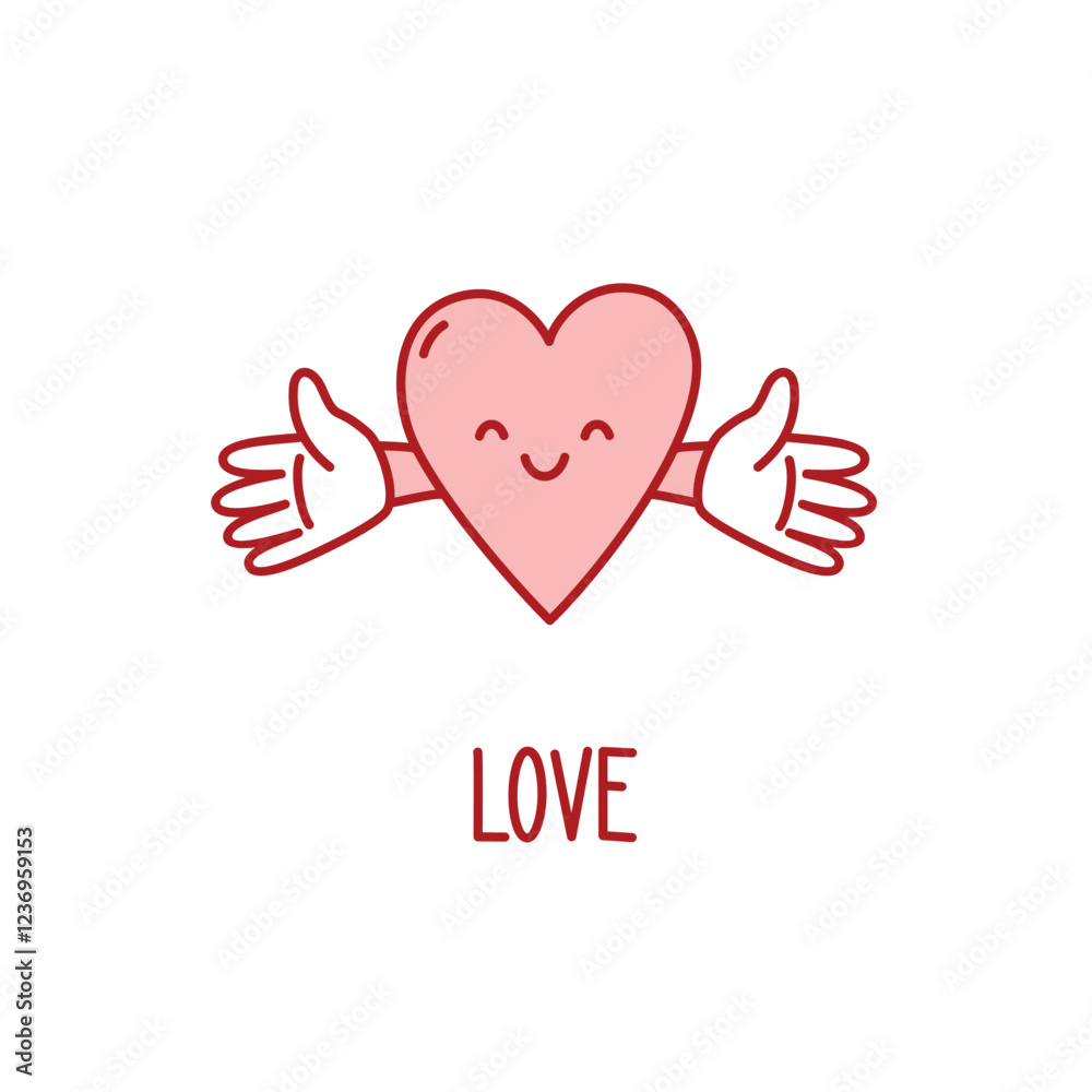 pink smiling heart with hands vector doodle illustration. Valentines day print pink smiling heart with hands vector doodle illustration. Valentines day print