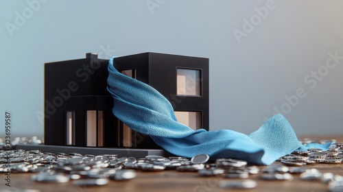 A miniature model of a sleek black house wrapped in a cobalt blue scarf photo