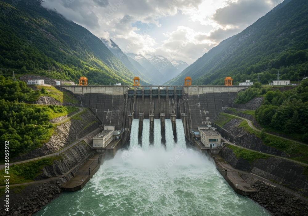 A large hydroelectric dam with strong water currents in a mountain landscape A large hydroelectric dam with strong water currents in a mountain landscape