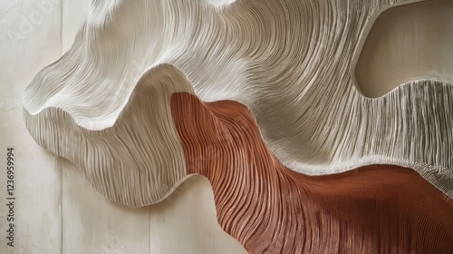 Abstract organic wall sculpture with flowing textures in earthy tones of white and terracotta, creating a fluid, nature-inspired aesthetic. AI generative.