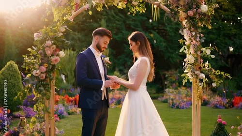 Married Couple Holding Hands at Sunset. Outdoor Wedding