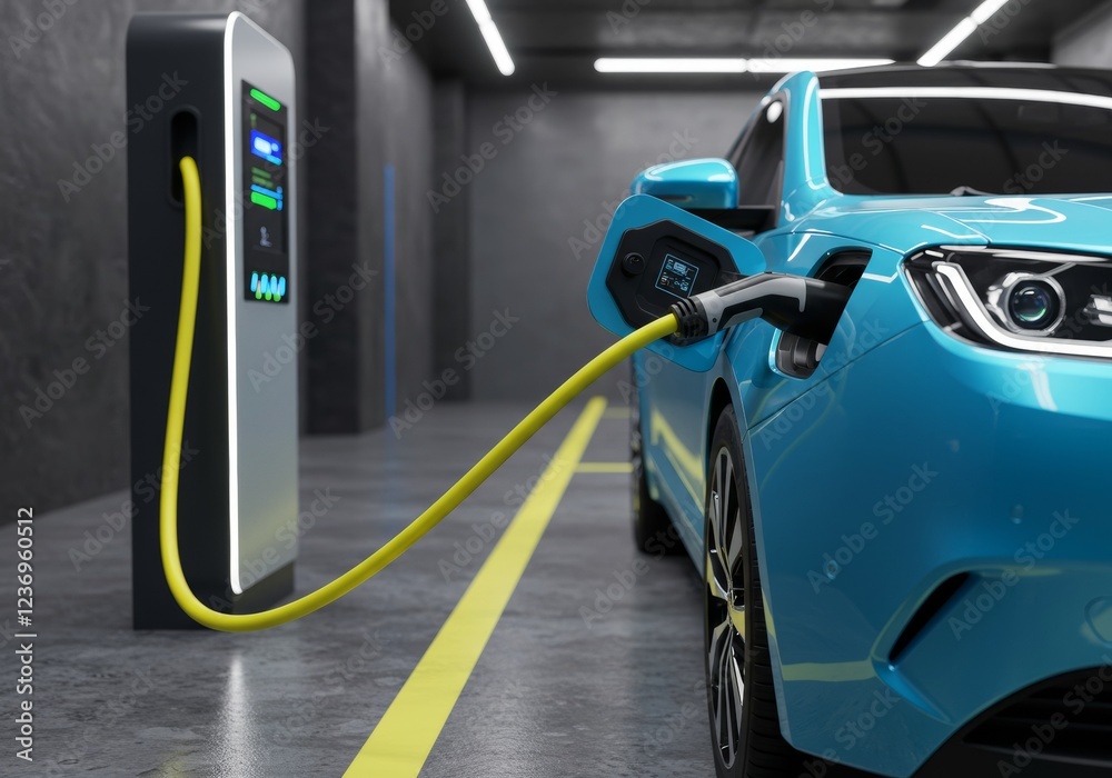 An electric car charging at a solar-powered station in a city An electric car charging at a solar-powered station in a city