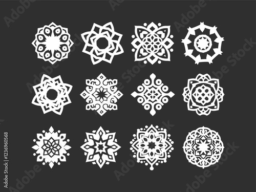 Islamic ornament vector , persian motiff . 2d ramadan islamic round pattern elements . Geometric logo template set. Circular ornamental arabic symbols vector .