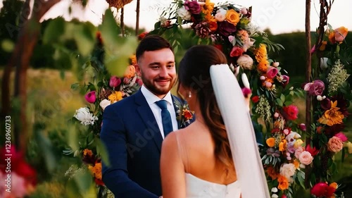 Married Couple Holding Hands at Sunset. Outdoor Wedding