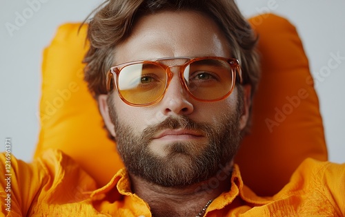 Relaxed man with orange shirt and sunglasses lounges on a bright orange cushion, showcasing a summery vibe photo