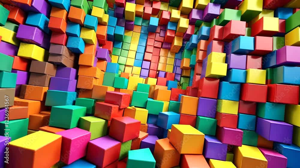 Colorful 3D Cube Tunnel with Vibrant Background Patterns