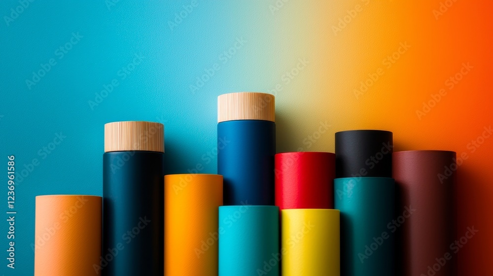 Colorful Display of Cylindrical Objects on Vibrant Gradient Background Colorful Display of Cylindrical Objects on Vibrant Gradient Background