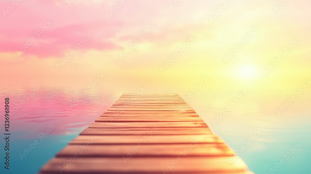 Fototapeta premium Wooden dock surrounded by reflective waters at sunrise, tranquil outdoor setting with soft natural lighting and warm sky tones