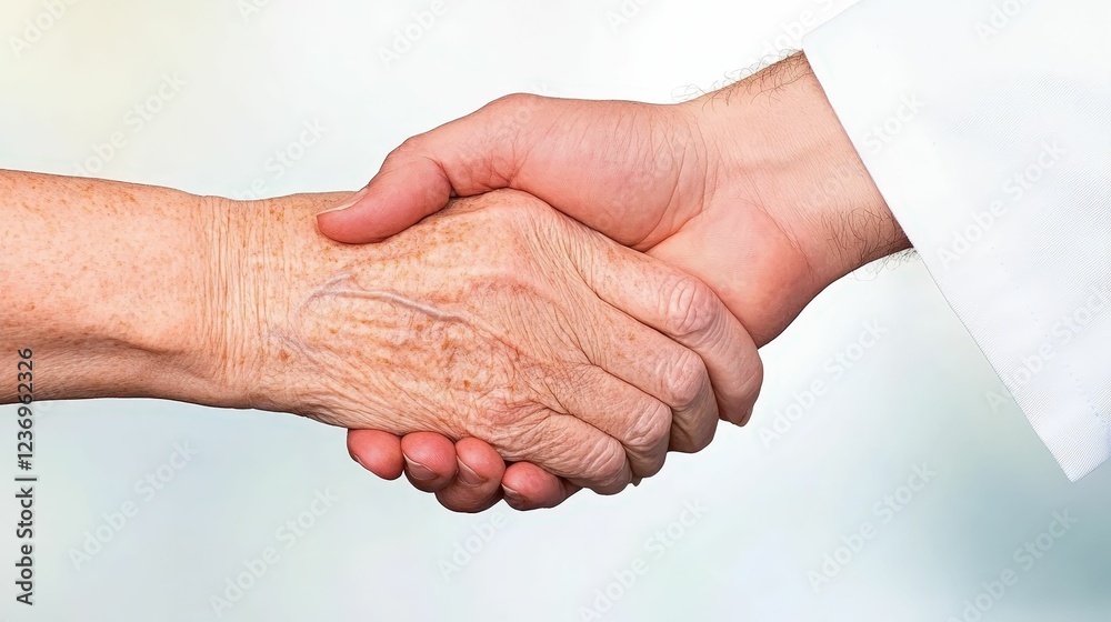Fototapeta premium Young nurse holding hands with an elderly woman in a softly lit room, supportive and caring connection, calm and nurturing atmosphere