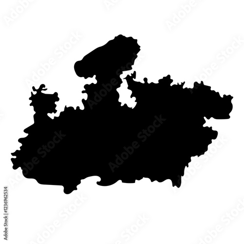 Hand drawn black map of Madhya Pradesh, Indian state. Silhouette, geography. Vector isolated on white background	