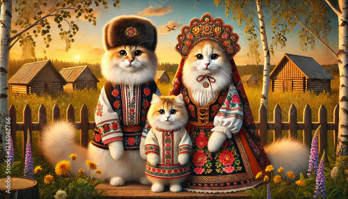 Russian Cats Family in Traditional Clothing photo