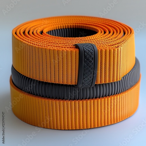 Modern orange and black rolled seat belt with textured design on neutral background photo