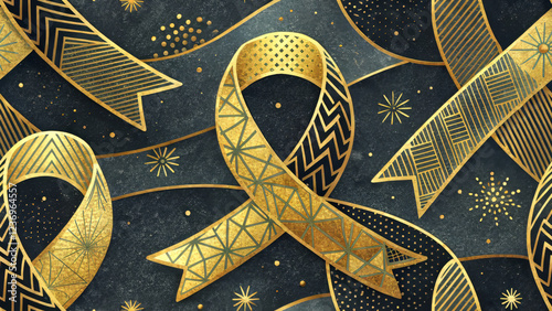 Seamless pattern of golden ribbons for International Childhood Cancer Day