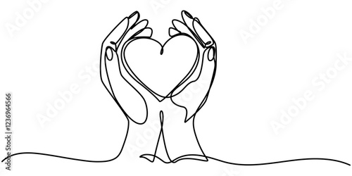 One continuous line drawing of hands holding heart. Concept of love relationship and volunteer organisation symbol in simple linear style. Love For All continuous line drawing with color shapes.