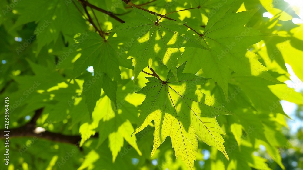 Green maple leaves illuminated by sunlight against a bright background with copy space
Green maple leaves illuminated by sunlight against a bright background with copy space