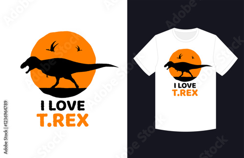 Silhouette of a dinosaur Tyrannosaurus Rex with the sun and flying pterosaurs in the background, featuring the text "I Love T.rex"