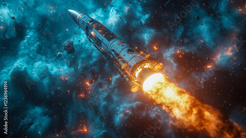 A futuristic rocket propels into space, leaving a fiery trail against Earth backdrop. Advanced technology and space travel concept