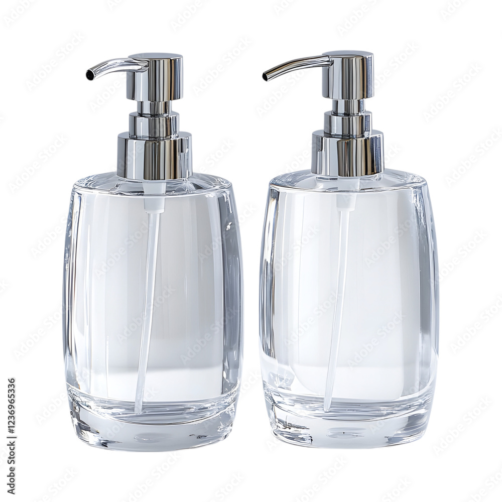 Clear Glass Soap Dispensers with Modern Pumps Isolated on Transparent Background Clear Glass Soap Dispensers with Modern Pumps Isolated on Transparent Background