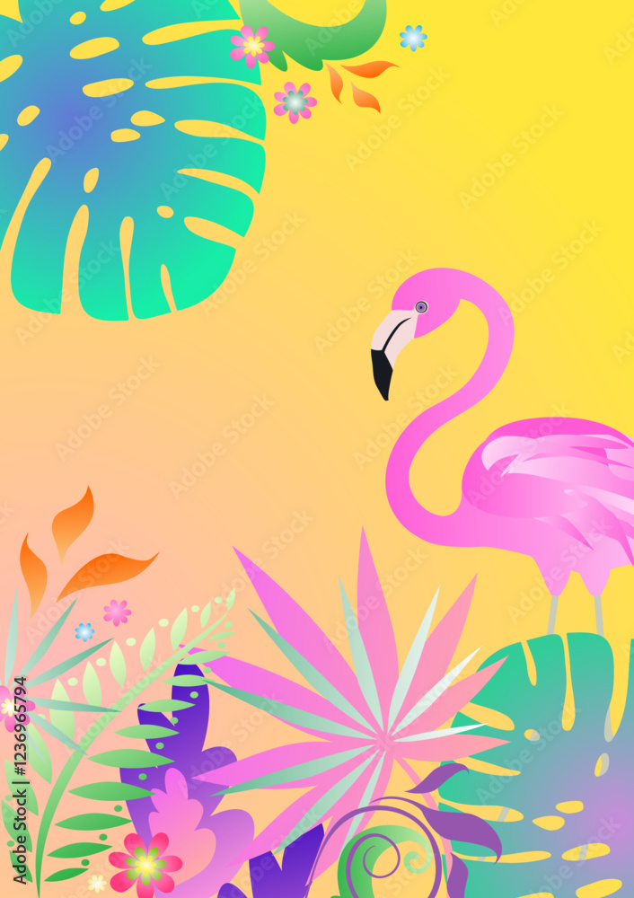 Fototapeta premium Vertical sunny poster with pink flamingo, tropical jungle plants, monstera and fern leaves for summer party invitation, social media design.eps