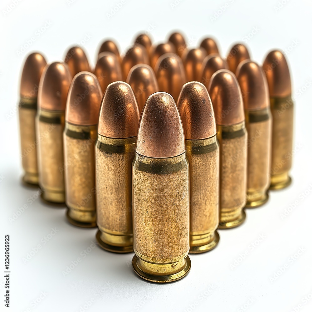 Close-up of arranged brass and copper bullets on white background Close-up of arranged brass and copper bullets on white background