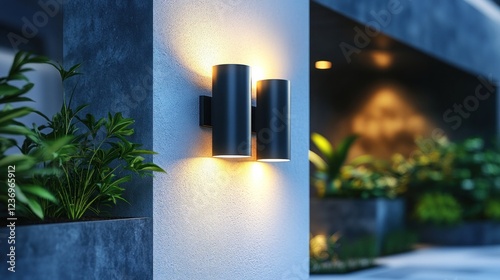 Modern outdoor wall lamp illuminates entryway at night