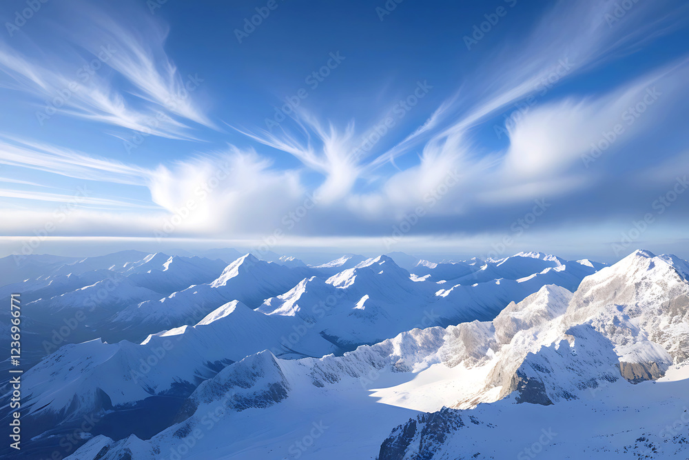 Fototapeta premium Beautiful alpine landscape with snowy mountains and blue sky with clouds. AI Generative