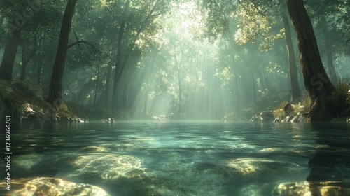 Sunlit Forest Stream, tranquil, nature scene,  peaceful photo