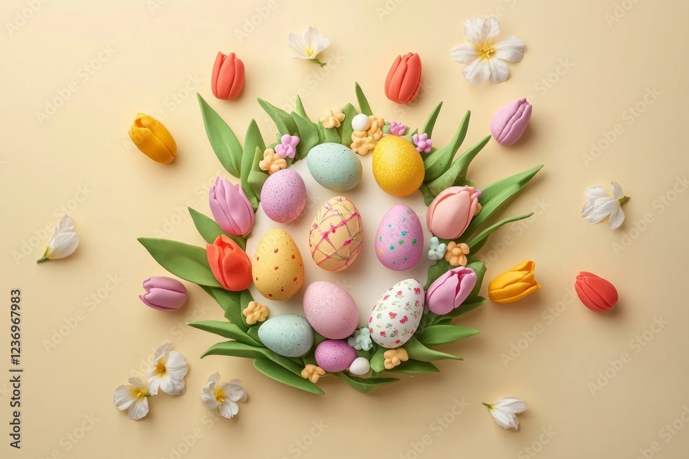 custom made wallpaper toronto digitalEaster frame with colorful eggs, tulips, and flowers on a beige background, top view. Easter banner for design. Flat lay. Easter concept. Happy Easter greeting template.