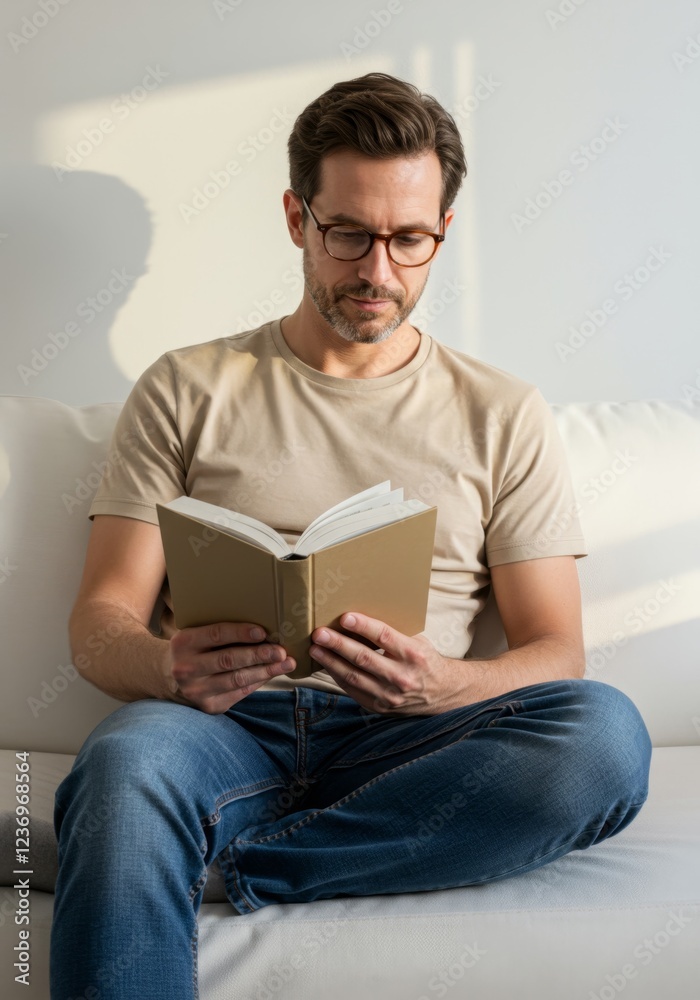 Mature Man Relaxing on Couch While Reading a Book Mature Man Relaxing on Couch While Reading a Book