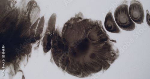 Dirty ink. Artistic fluid. Contrast black paint splatter on light wet surface. Spreading dark messy white water abstract background.