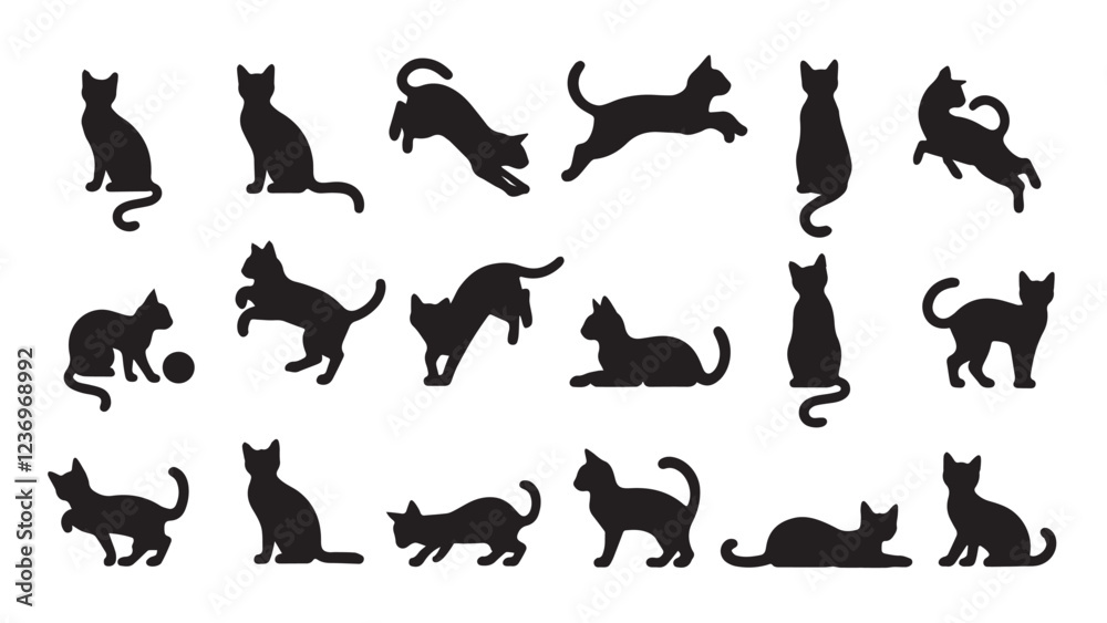 Black cat silhouettes in various poses, isolated on transparent background. Perfect for logos, decals, apparel design.