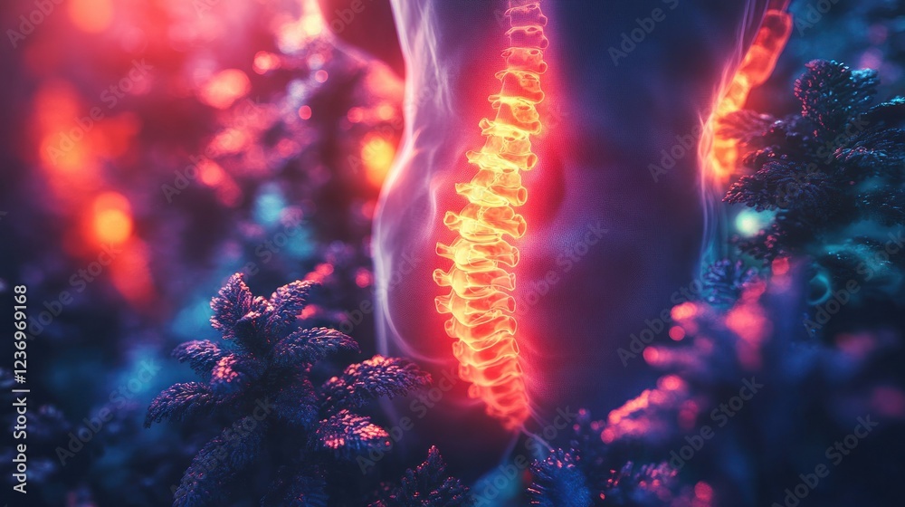 Fototapeta premium Glowing Spine in Enigmatic Forest: A Surreal Digital Art